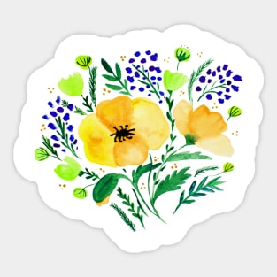 Watercolor poppies bouquet - yellow and green Sticker